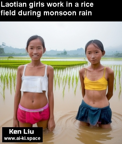 Laotische Mädchen arbeiten beim Monsun Regen auf dem Reisfeld